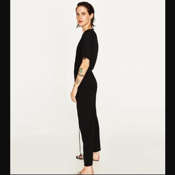 Zara Knit Black Wrap JumpSuit Size S Dropped Crotch Minimalist Lightweight Beach - Picture 16 of 16